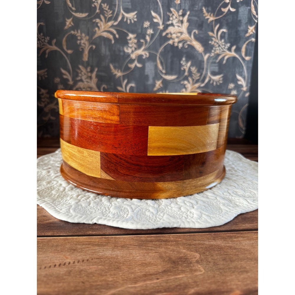 Handcrafted Segmented Mixed Wood Round Bowl Centerpiece Decorative Fruit Basin